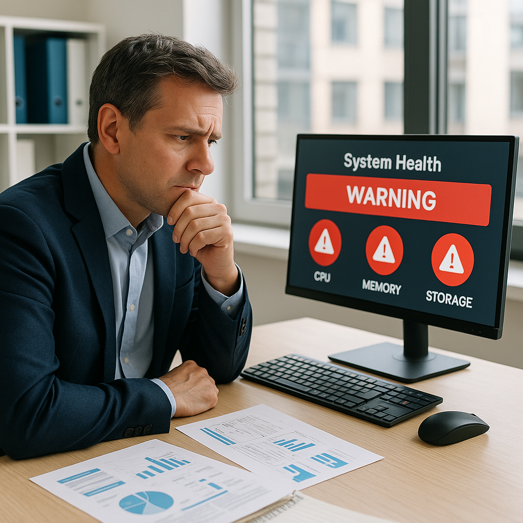 Business owner reviewing a system health dashboard with warning indicators on a computer screen