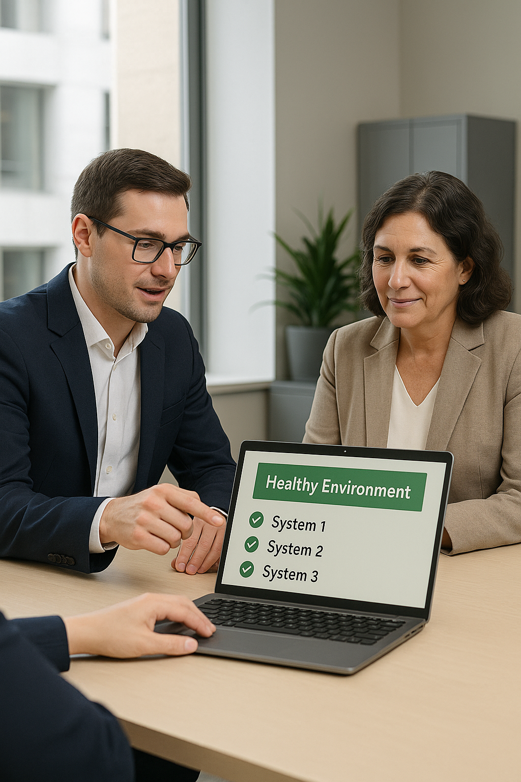 BITS advisor reviewing an IT health assessment with a client in a professional office setting