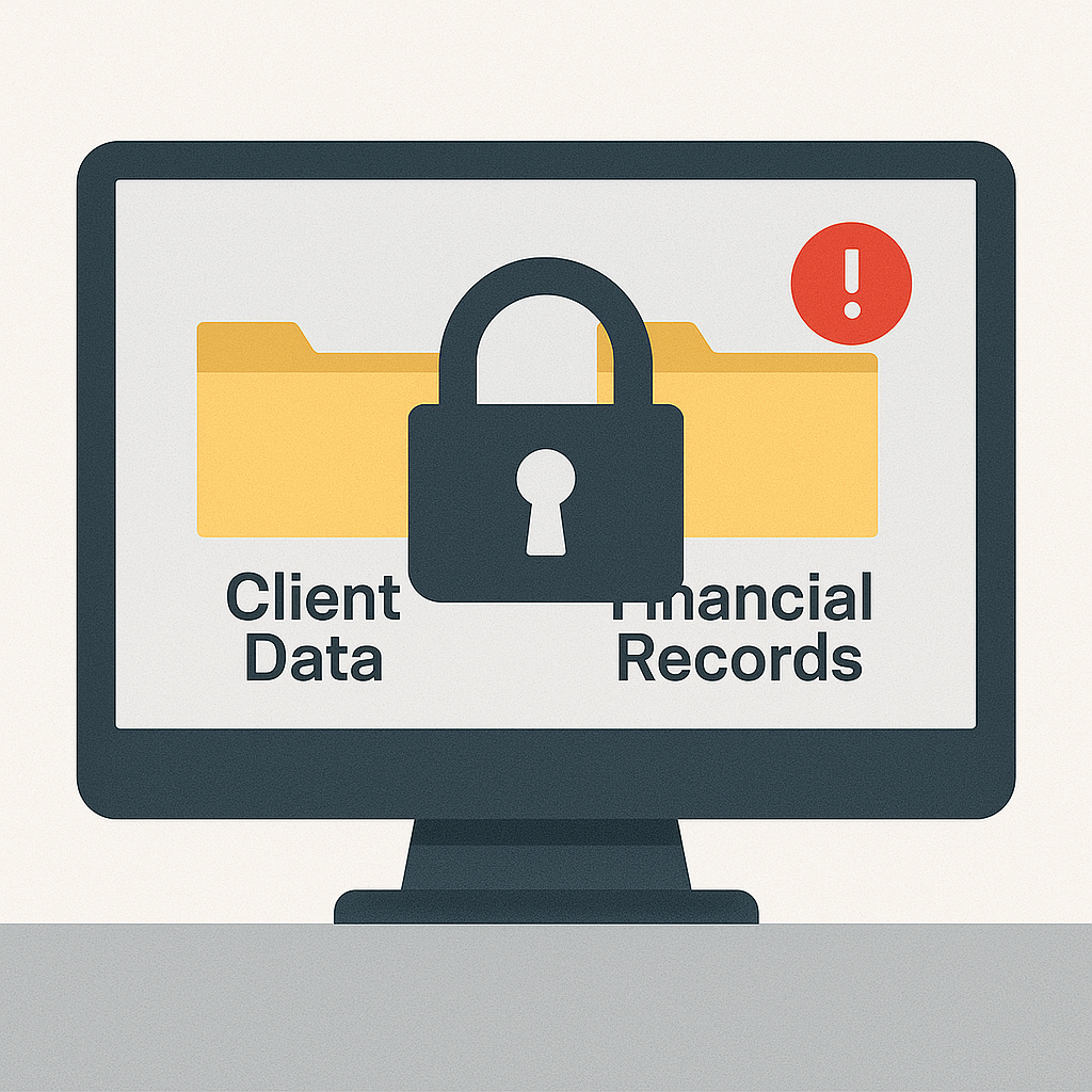 Locked folders labeled client data and financial records on a computer screen with a security warning