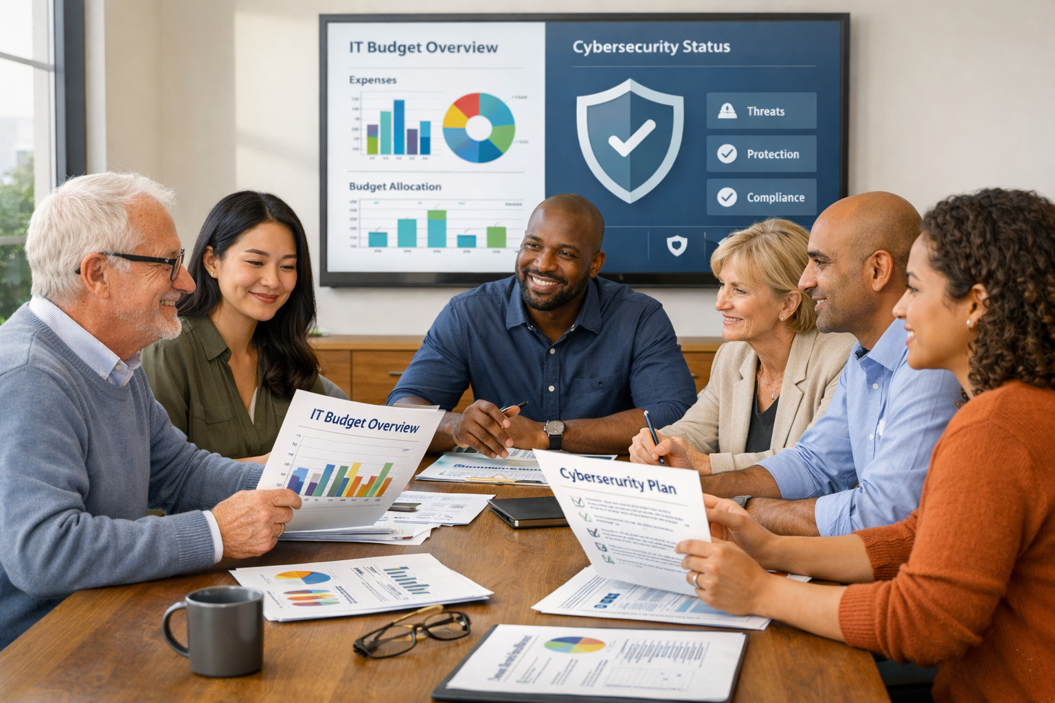 Nonprofit board members reviewing IT budget and cybersecurity planning documents in a conference room