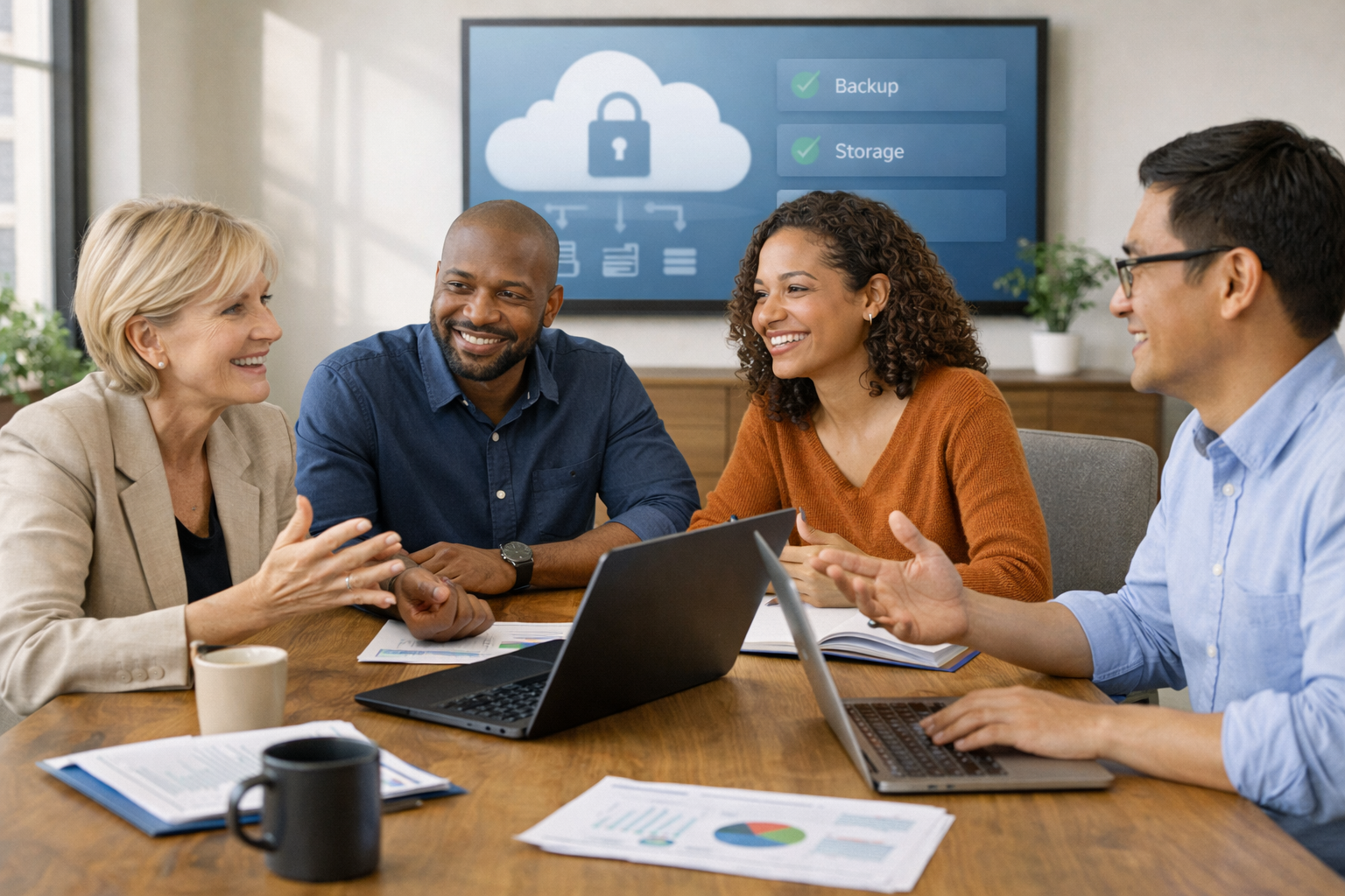 Nonprofit team collaborating with secure cloud technology and IT support