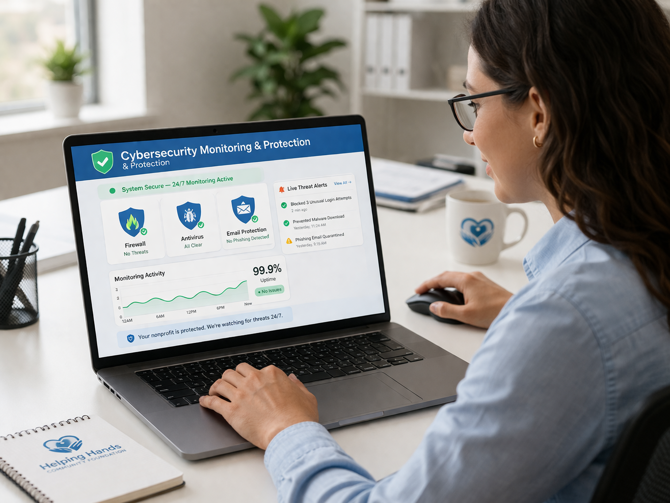 IT professional reviewing cybersecurity monitoring dashboard with alerts and security status