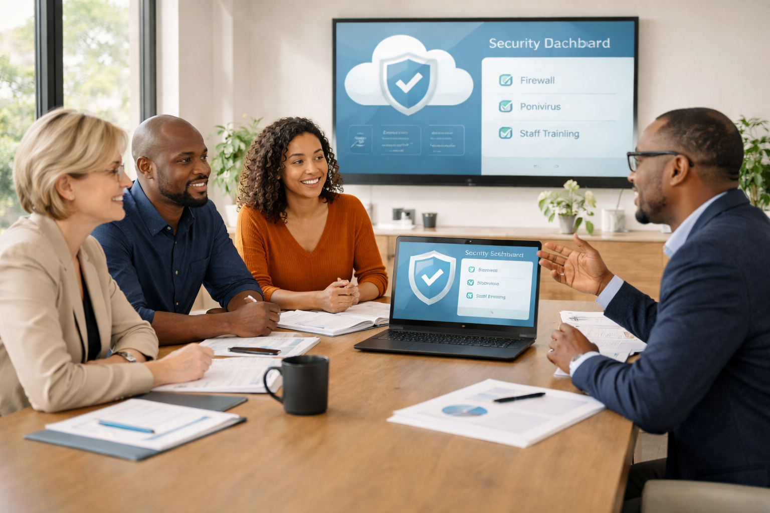 Nonprofit leadership team discussing cybersecurity strategy and IT security planning in a modern office