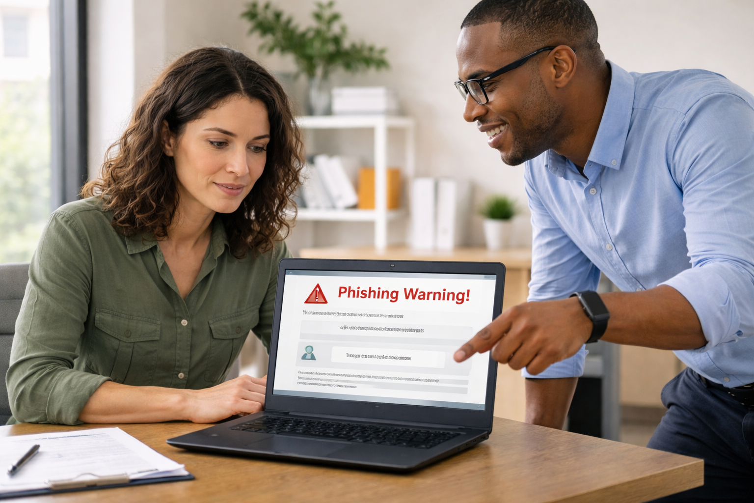 Nonprofit employee reviewing phishing email alert with IT support guidance on laptop
