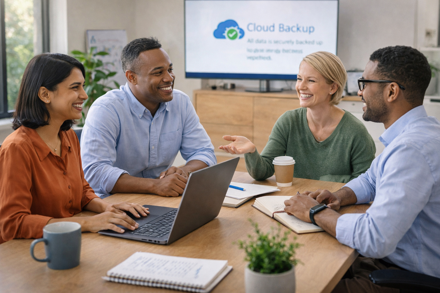 Nonprofit team collaborating confidently using secure technology and IT support