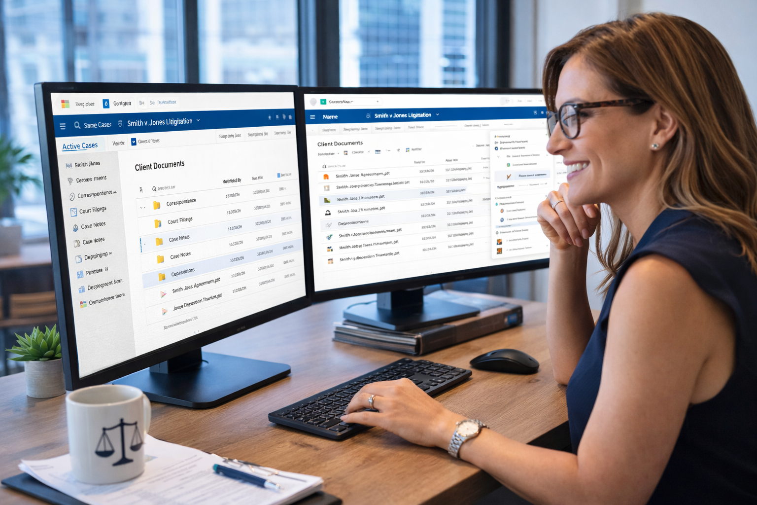 Busy attorney reviewing client documents on dual monitors using Microsoft 365 SharePoint and OneDrive in a law firm office