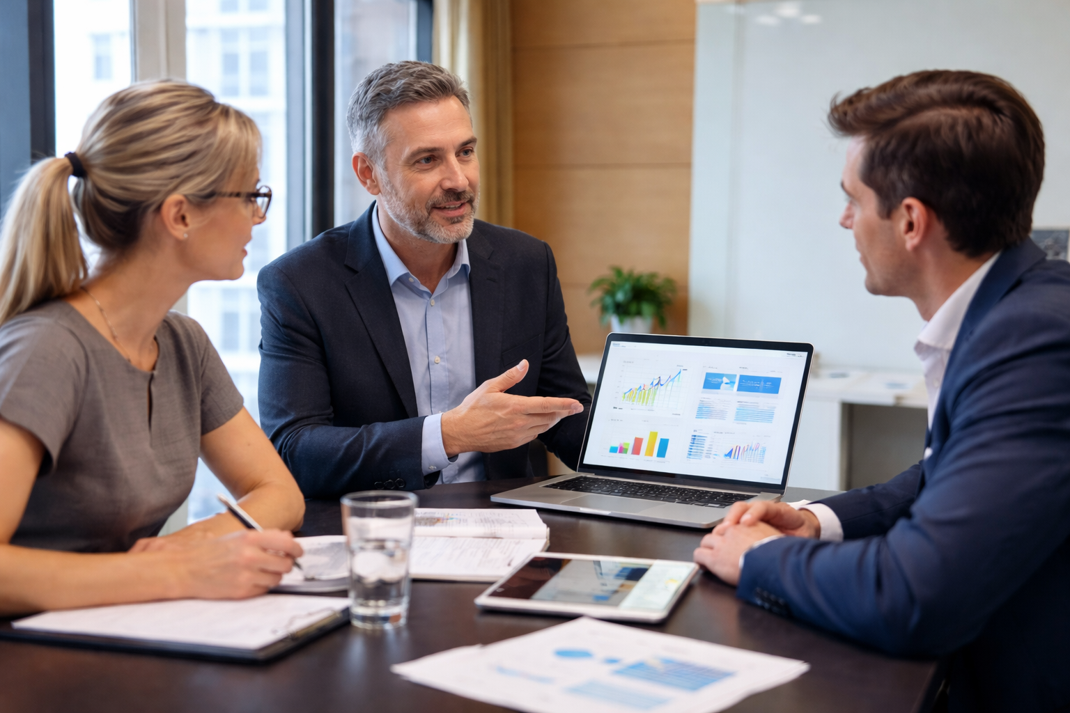 Law firm partners meeting with IT consultant to plan technology strategy and security roadmap in Nashville