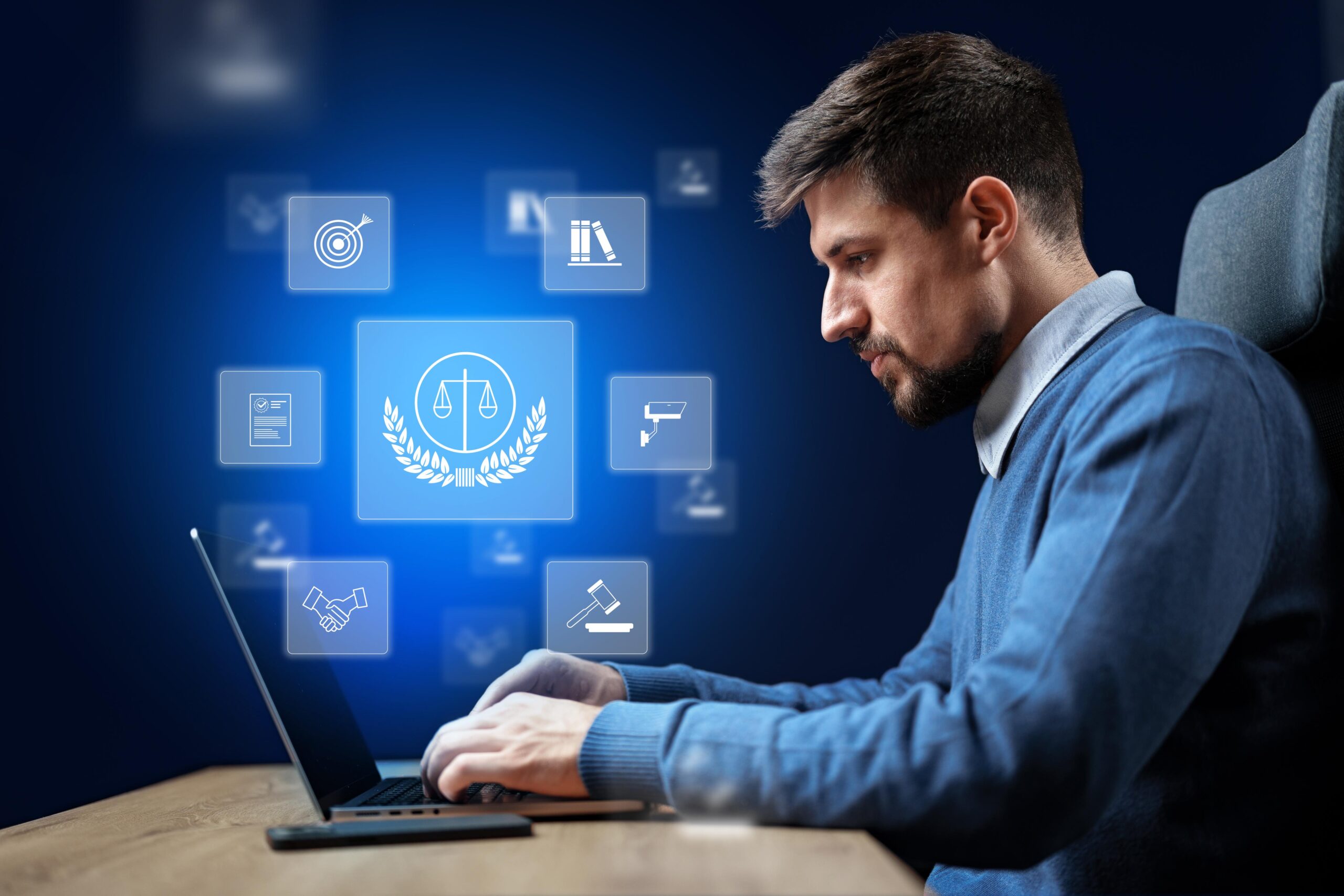 Attorney working on laptop with legal technology icons representing law firm IT support and cybersecurity in Nashville