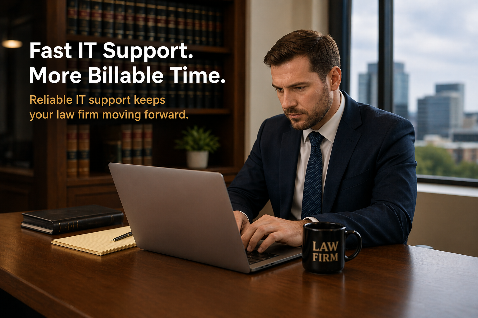 Attorney working on laptop with fast IT support response concept for law firms in Nashville