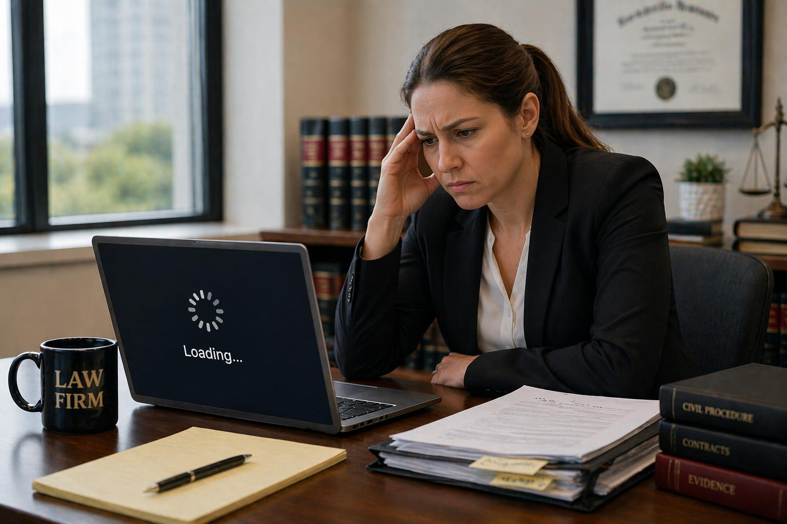 Attorney dealing with slow computer and productivity issues in a law firm office