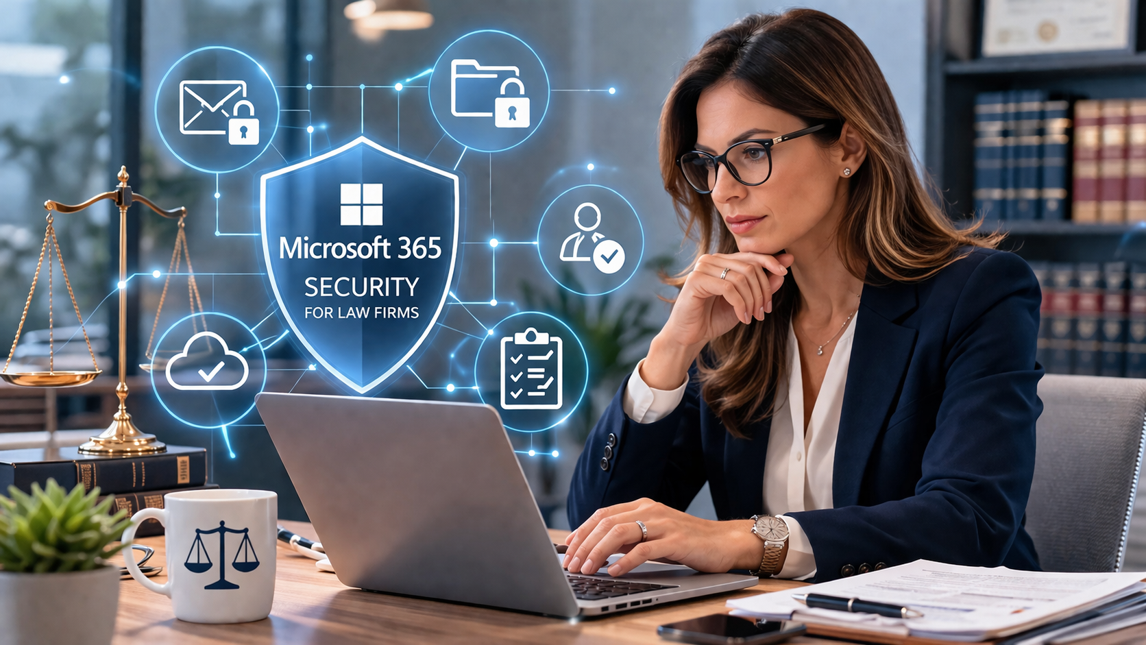 Attorney working on laptop with Microsoft 365 security icons representing cybersecurity and data protection for law firms