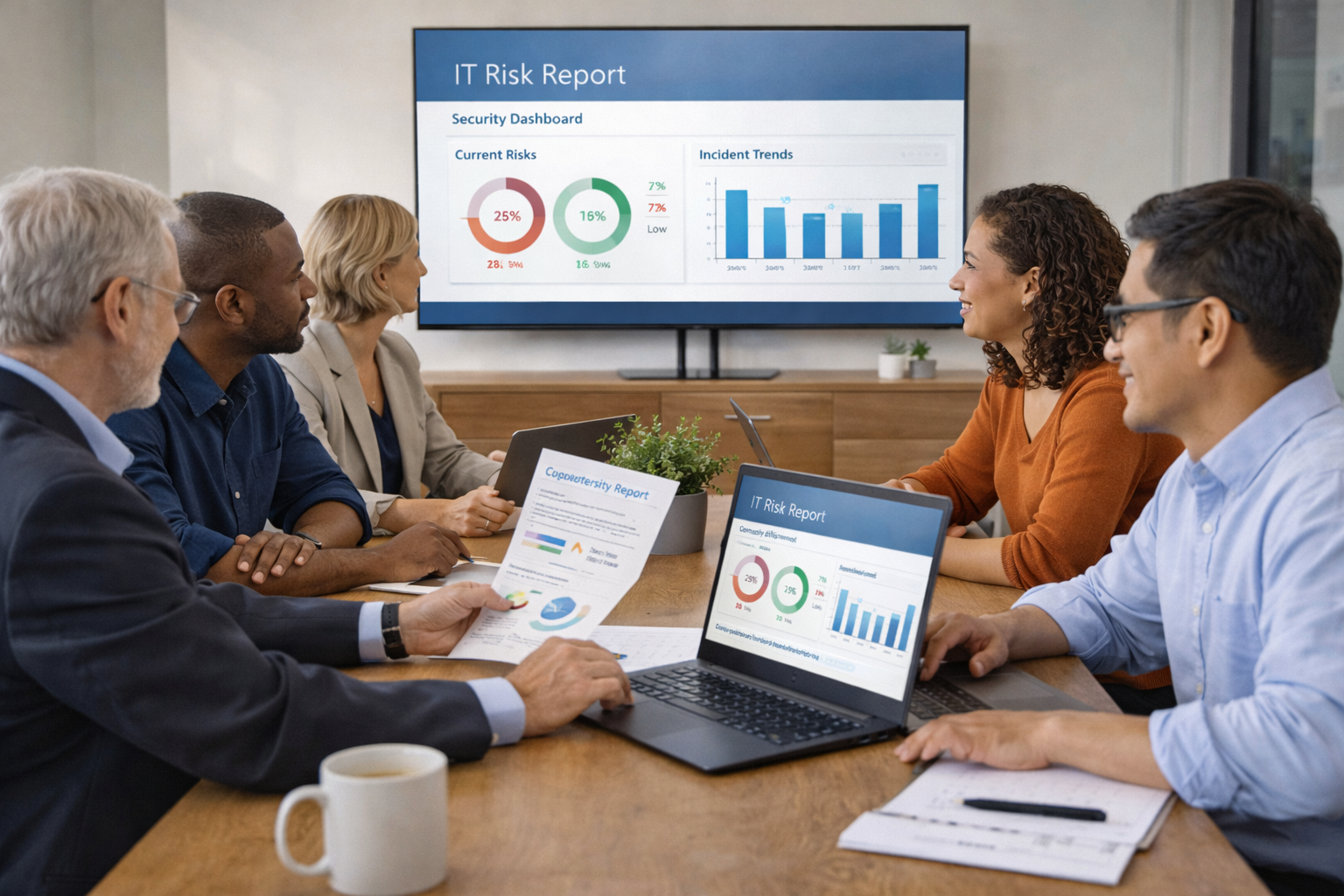 Nonprofit board members reviewing IT risk and cybersecurity reports in a conference room
