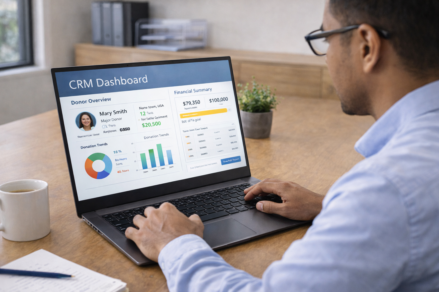 Nonprofit staff reviewing donor and financial data on a secure laptop