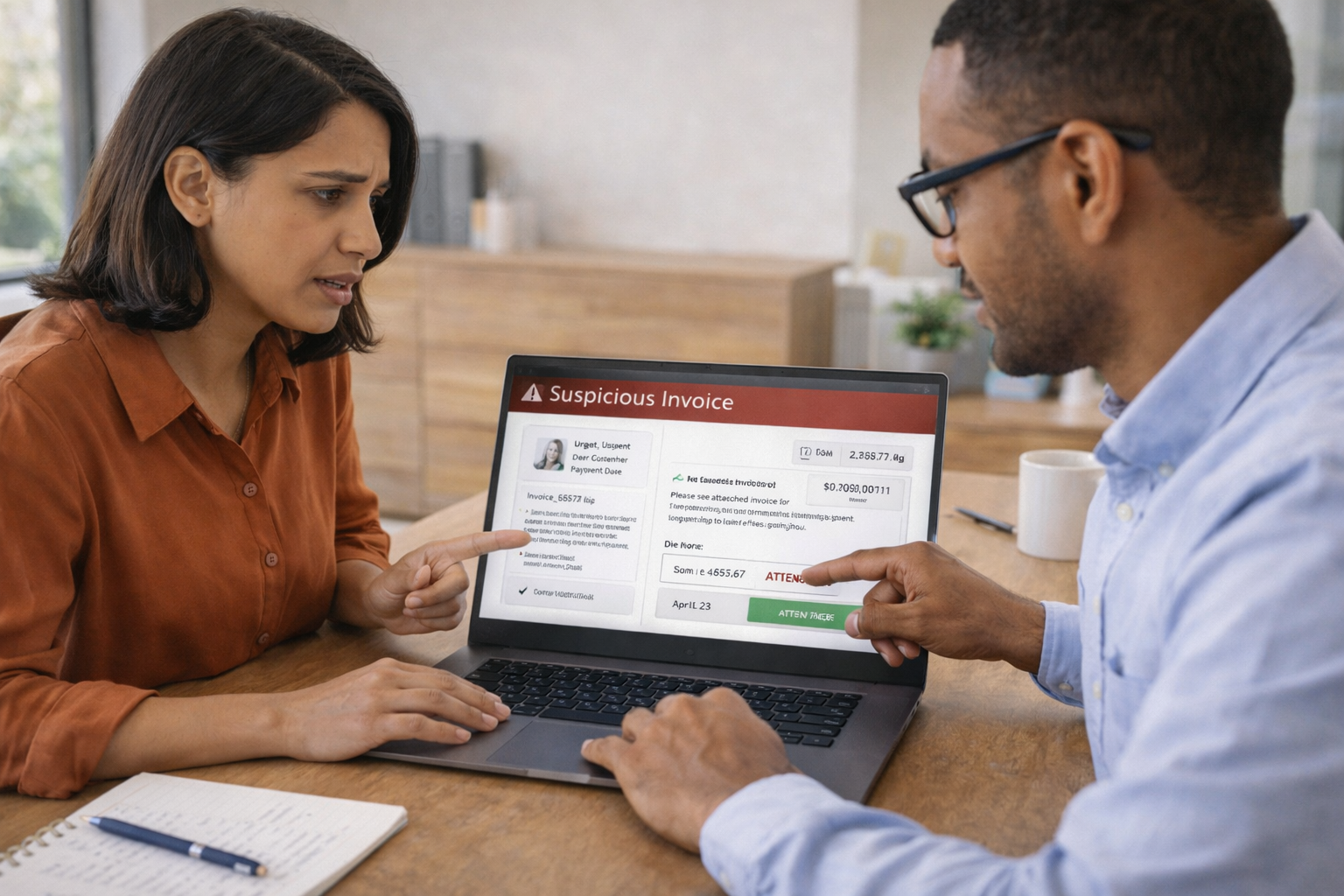 Nonprofit employee reviewing suspicious email related to possible financial fraud