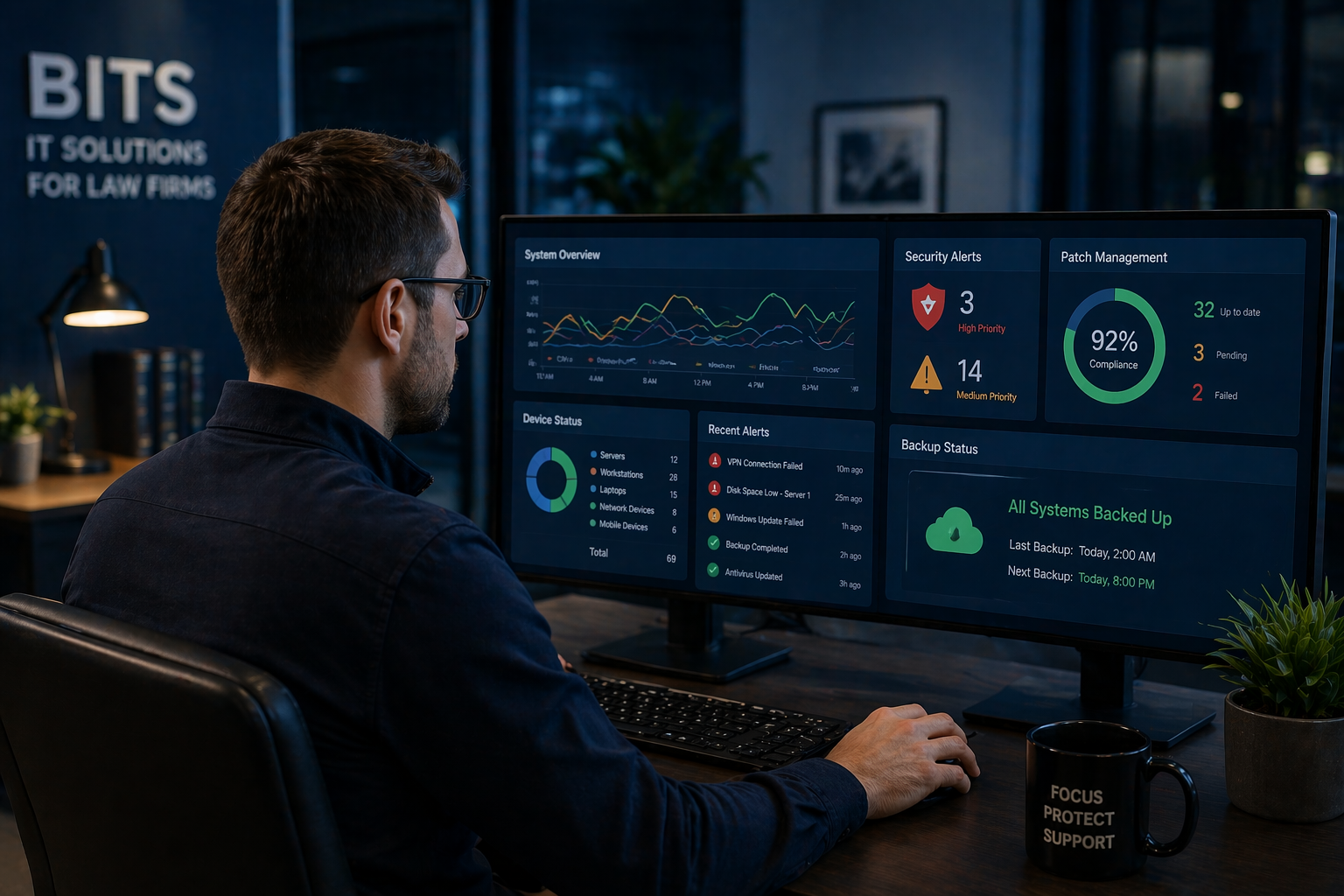IT professional monitoring systems proactively for law firm IT support